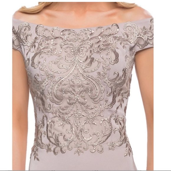 La Femme off the shoulder light taupe embroidered bodice dress size 14 - Picture 3 of 7